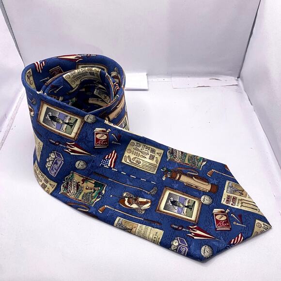 Tango by Max Raab Golf Nostalgia Novelty Print Tie Golf Enthusiasts Blue Silk - Picture 1 of 7